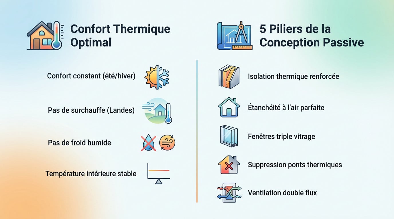 Schéma illustrant le confort thermique et les 5 piliers d'une maison passive dans les Landes